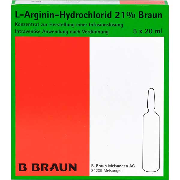 Аргинин в жидкой форме L-ARGININ-HYDROCHLORID 21% Elek. -Konz. Inf. -L. 5X20 мл B. Braun Melsungen Аргинин в жидкой форме L-ARGININ-HYDROCHLORID 21% Elek. -Konz. Inf. -L. 5X20 мл B. Braun Melsungen
