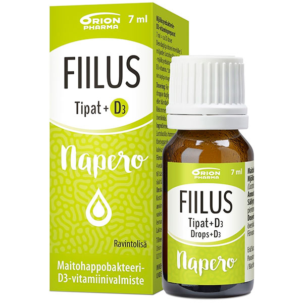 Капли с молочнокислыми бактериями и витамином Д3 для детей FIILUS NAPERO DROPS +D3 TIPAT 7 мл Orion Капли с молочнокислыми бактериями и витамином Д3 для детей FIILUS NAPERO DROPS +D3 TIPAT 7 мл Orion