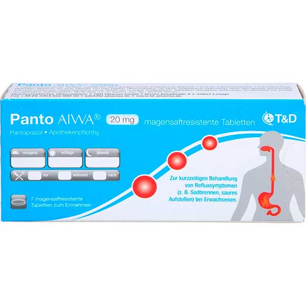 Таблетки от изжоги PANTO AIWA 20 mg magensaftresistente Tabletten 7 шт T & D Pharma Таблетки от изжоги PANTO AIWA 20 mg magensaftresistente Tabletten 7 шт T & D Pharma